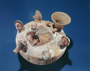Deity with women offering drinks, Recuay Culture
