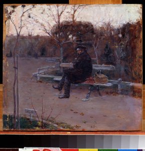On the Boulevard. A man alone, sitting on a bench in the cold, near him, a bundle and a toolbox.