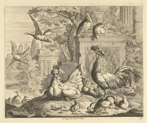 Rooster, Hen with Chicks, and Other Birds in a Garden with Ancient Ruins by Peter Casteels (III)