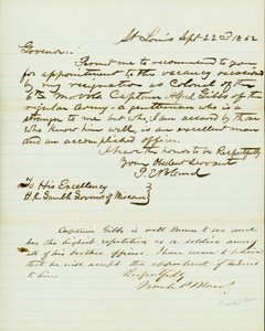Letter signed P.E. Bland, St. Louis, to H.R. Gamble, Governor of Missouri, September 22, 1862 by Peter E. Bland