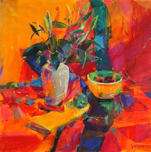 Lilies on a Red Ground by Peter Graham (Contemporary)