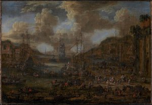 Southern Seaport with Numerous Figures on the Shore by Peter II Casteels
