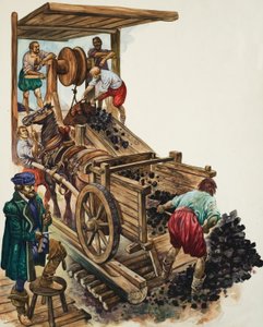 A tallyman notches up how many loads of coal leave the mine as a miner fills a cart and others hoist more to the surface by Peter Jackson