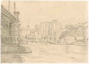 Burnt out warehouses by Blackfriars Bridge by Peter Jackson