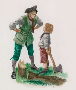 George Washington, having cut down the cherry tree, with his father