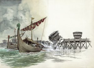 London Bridge Being Pulled Down in the Viking Attack Led by Olaf The Norseman in 1014