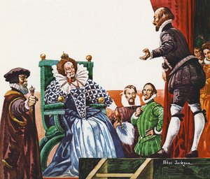 William Shakespeare presenting one of his plays to Queen Elizabeth I