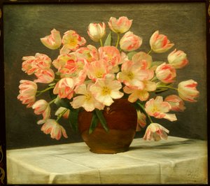 Tulips in a Vase on a Draped Table by Peter Johan Schou