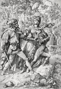 Queen of England Margaret of Anjou (1430-1482) and her son Edward rescued by a robber during their flight after the triumph of the Yorkists