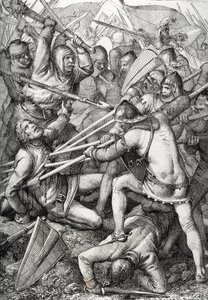 The Battle of Sempach fought on 9 July 1386, between Leopold III, Duke of Austria and the Old Swiss Confederacy, drawing from “Historische Memorabilian des In-und Auslandes” by Anton Ziegler