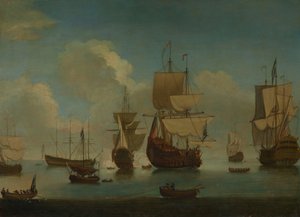 English warships at anchor in a calm, drying sails