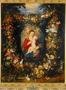 Mary Virgin and Child with Wreath of Flowers and Fruits by Peter Paul & Brueghel Jan (1601 78) Rubens