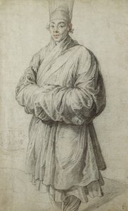 A Man in Korean Costume, Wearing a Transparent Headdress of Horsehair, Nearly Full Length, a Ship to the Left by Peter Paul Rubens