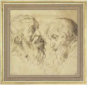 Study Sheet: Two Bearded Heads in Profile to the Right and Left