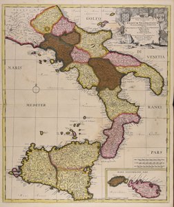Southern Part of Italy or Kingdom of Naples, Obedient to Spain, Divided into Districts, Lands, and Principalities, with Sicily and Malta