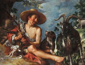 A Shepherd Piping on a Knoll, a Dog and his Flock Nearby