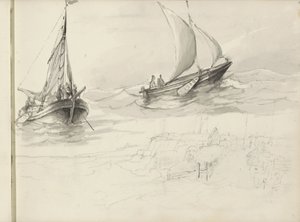 Two Sailing Ships with Figures at Sea by Petrus Johannes Schotel (circle of)