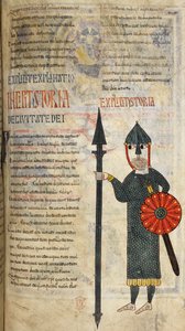 A Visigoth soldier dressed in knee-length chain mail, and leggings, illustration from 