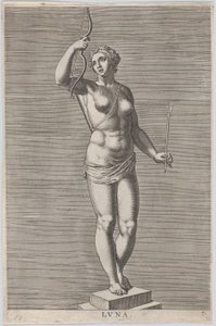 Plate 7: Diana, statue of the nude goddess standing on a socle, wearing a crescent moon, 1586 by Philip Galle