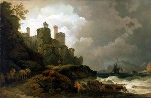 A fishing boat pulled ashore, near Conwy Castle by Philip James de (1740 1812) Loutherbourg