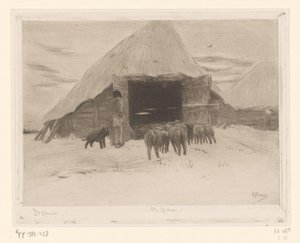 Shepherd Leading a Flock of Sheep into a Barn