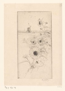 Sunflowers Before a Meadow Landscape with Horses and Mill