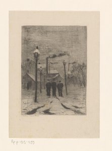 Three Workers Walking Through a Snowy Village Street by Philip Zilcken