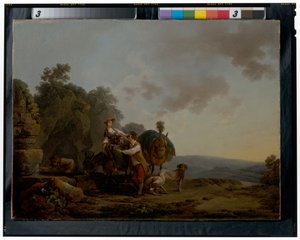 Travellers with Hounds and Heavily Laden Mules at a Well by Philippe Jacques de Loutherbourg