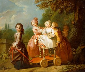 A Young Boy on a Hobbyhorse, with other Children Playing in a Garden
