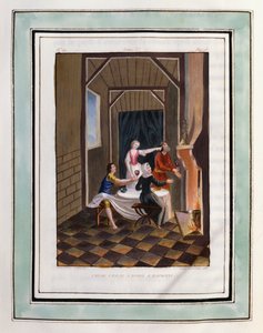 Chloe offers a drink to Daphnis. Drawing by Philippe d