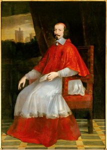 Full-length portrait of Cardinal Jules Mazarin. The cardinal sits behind him a view of the Chateau de Vincennes