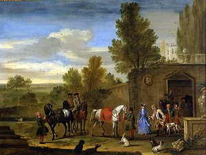 Equestrian Group Outside the Walls of a Castle