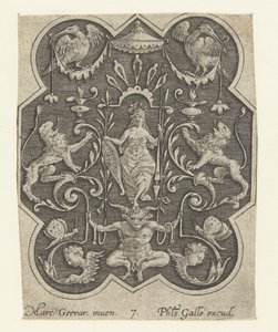 Helmeted Woman with Shield and Spear, Flat Decorations with Grotesques on a Shaded Background (series title)
