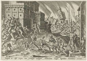 The Body of the King of Ai is Brought to the City Gate, The Days of Calamity of the Jewish People (series title) by Philips Galle