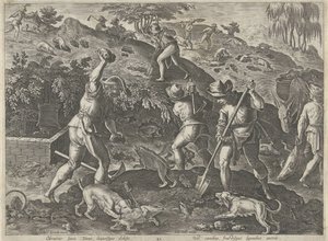 Badger Hunt Hunting Scenes (series title) In Quibus Omne Genus Venationis, Aucupii, Piscatusque (series title) by Philips Galle