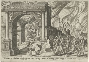 Lot and His Family Leaving the City of Sodom (series title: The Days of Calamity of the Jewish People) by Philips Galle