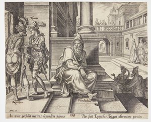 Mordecai Overhearing the Treason of Bigthan and Teresh by Philips Galle