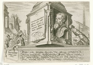 Portrait of Maarten van Heemskerck on the Pedestal of a Column (The Days of Calamity of the Jewish People) by Philips Galle