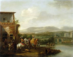 An Elegant Riding Party Outside a Farm by a River