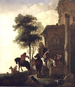 Travellers Watering Their Horses Outside an Inn by Philips Wouwermans or Wouwerman