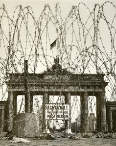Barbed wire in front of the Brandenburg Gate, Berlin, Germany, during the Allied occupation of the city after World War II
