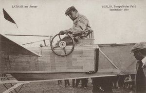 French Aviator Hubert Latham at the Controls of His Aeroplane, Tempelhof Airfield, Berlin, September 1909