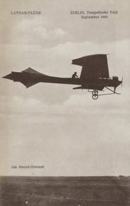 French aviator Hubert Latham flying over Tempelhof airfield, Berlin, September 1909 by Photographer German