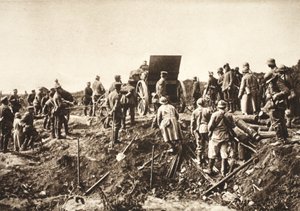 German Battery Moving Ahead Over Difficult Terrain Before Fismes, Captured French in Foreground
