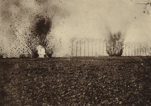Shells exploding in front of St Vaast Wood, near Arras, France, World War I