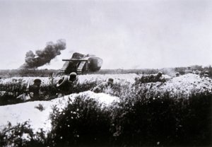 WWI German Stormtroopers Armed with Flamethrower Advance, Supported by a Captured British Mark IV Tank by Photographer German