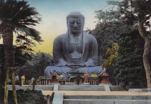 Japan, c.1912: The Finest Daibutsu, or Great Buddha at Kamakura dates from 1252 Height 49 feet and 7 in, By train 50 minutes from Yokohama