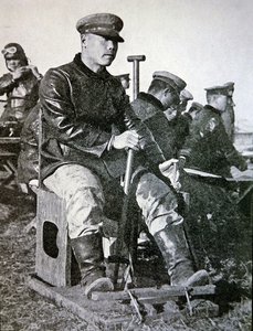 Japanese Pilots in Basic Training, Using Wooden Joystick, Rudder Bar and Throttle