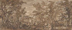 Forest Scene, a Halt at the Left, a Hunt at the Center by Pier Francesco Mola
