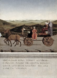 Triumph of Battista Sforza, Duchess of Urbino. Battista and her handmaiden, two Theological Virtues and a nun are drawn in a triumphal car by two brown unicorns, after 1472 (detail) by Piero della Francesca